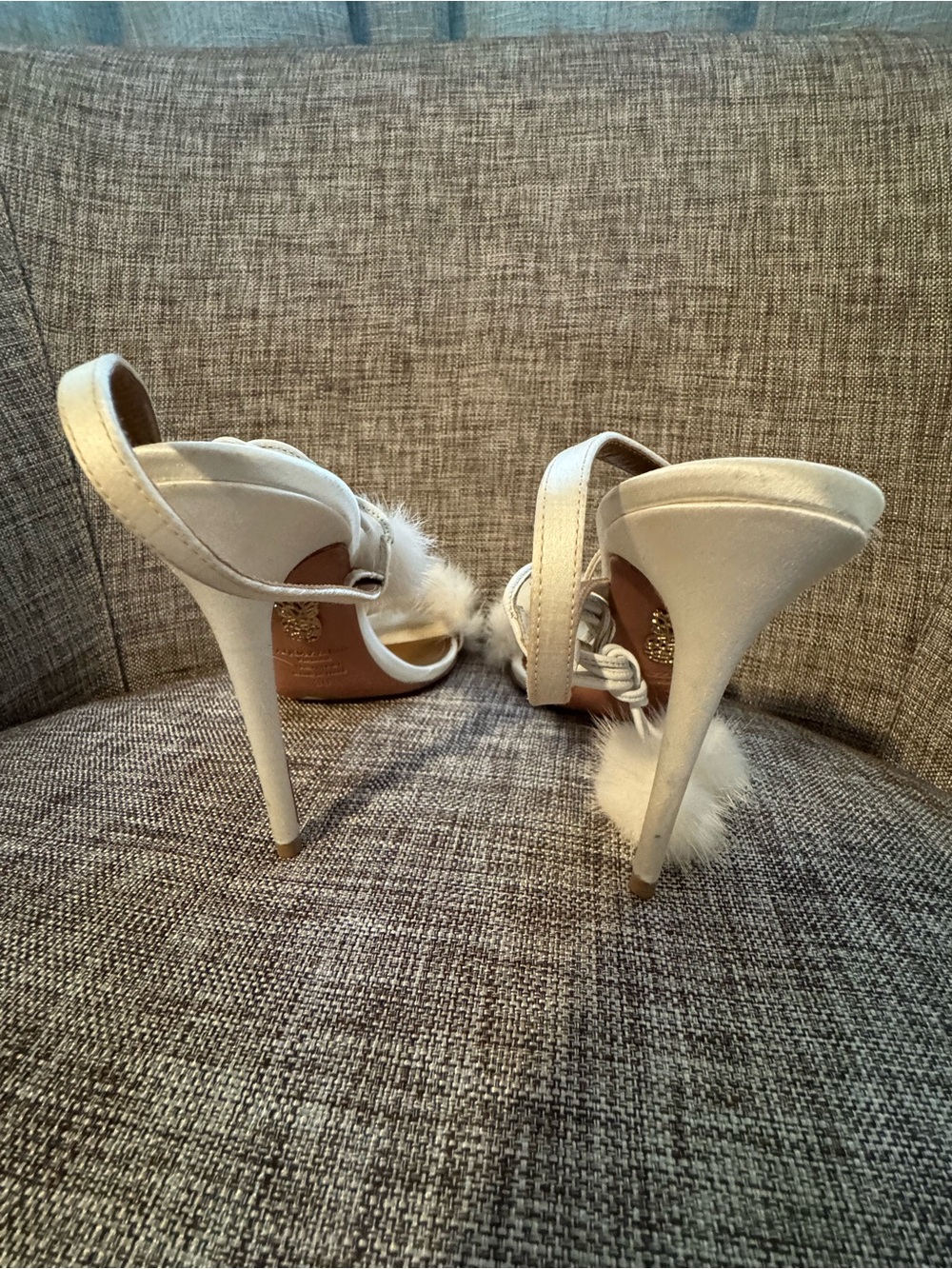 Aquazzura White real Mink Pom-Pom Strappy Stiletto Sandals - Picture 5 of 7
